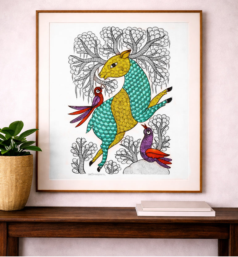 Handcrafted Gond Deer with Birds Painting | Traditional Tribal Folk Art of Madhya Pradesh