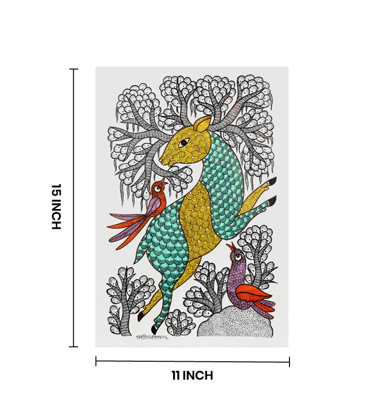 Handcrafted Gond Deer with Birds Painting | Traditional Tribal Folk Art of Madhya Pradesh