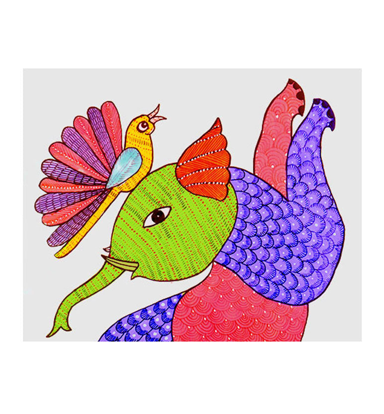 Handcrafted Gond  Elephant with Birds Painting | Traditional Tribal Folk Art of Madhya Pradesh