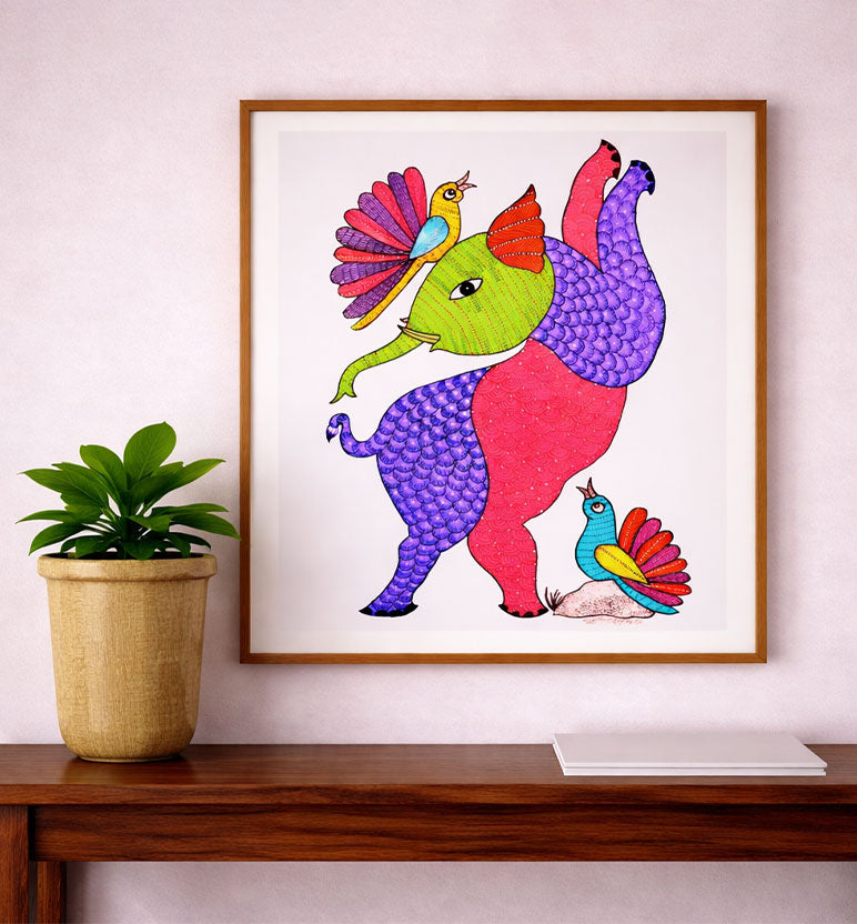 Handcrafted Gond  Elephant with Birds Painting | Traditional Tribal Folk Art of Madhya Pradesh