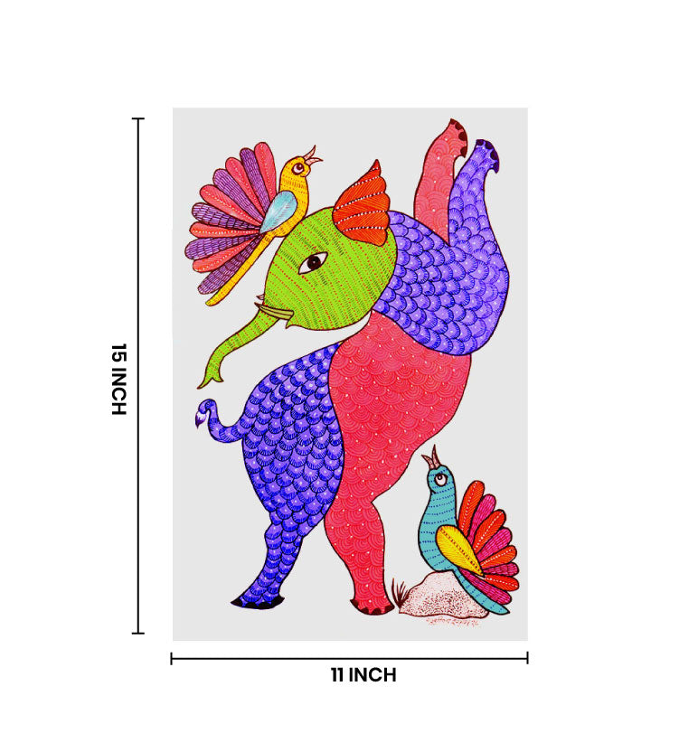 Handcrafted Gond  Elephant with Birds Painting | Traditional Tribal Folk Art of Madhya Pradesh