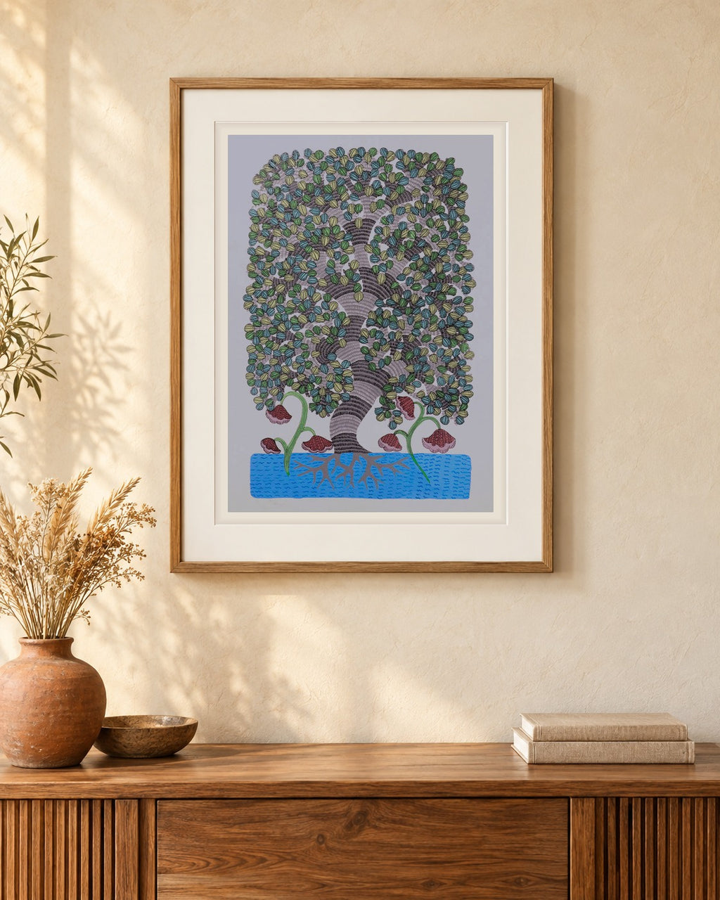 Original Gond painting shown framed on a wall