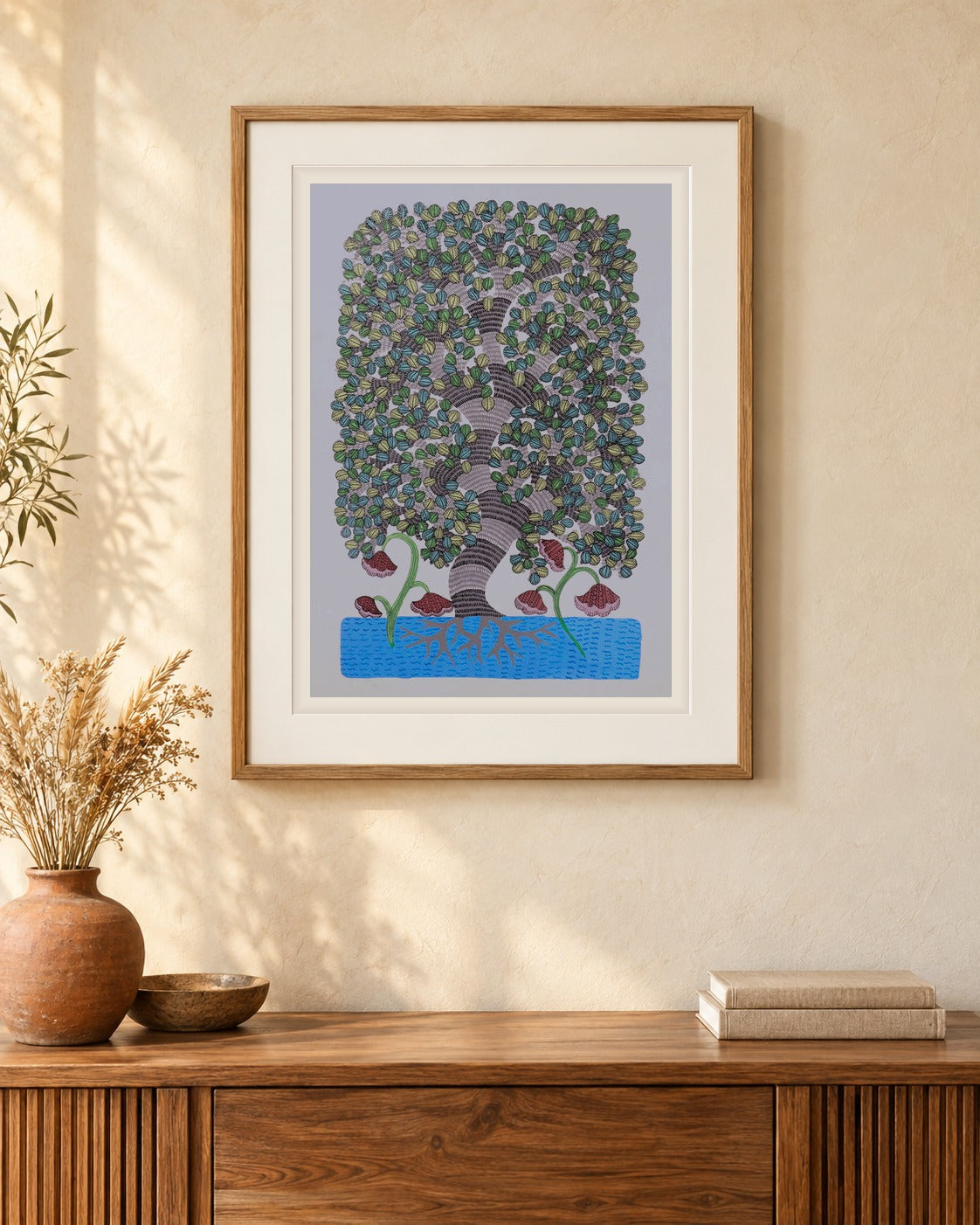 Original Gond painting shown framed on a wall