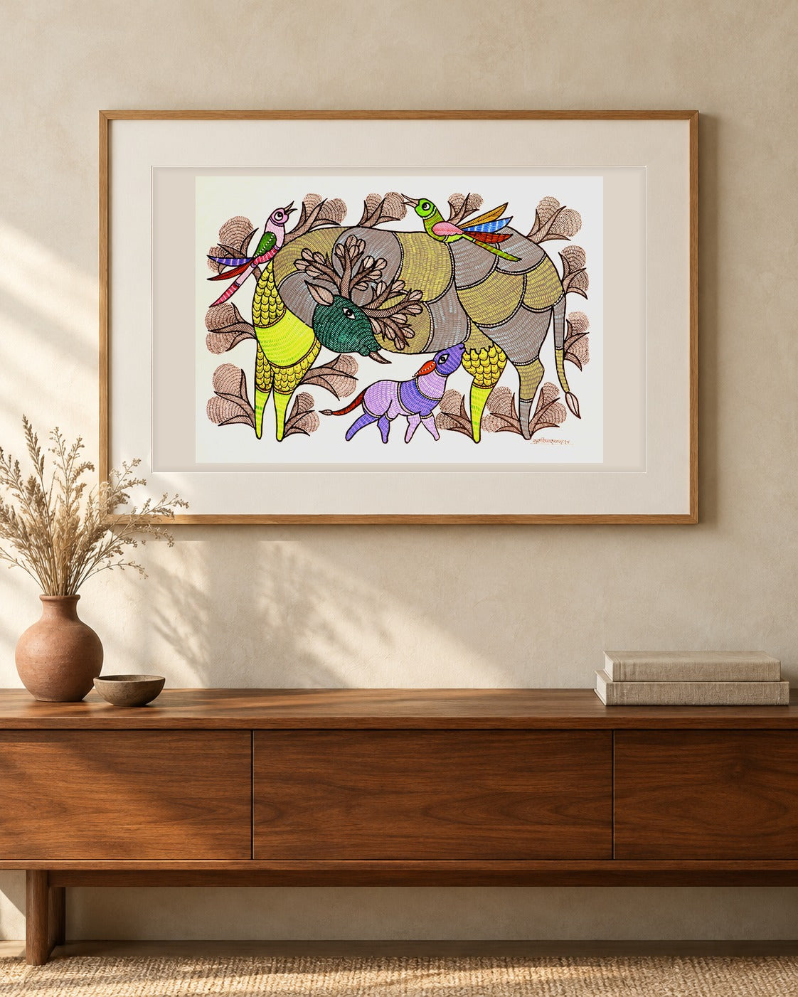 Original Gond painting shown framed on a wall