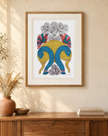 Original Gond painting shown framed on a wall