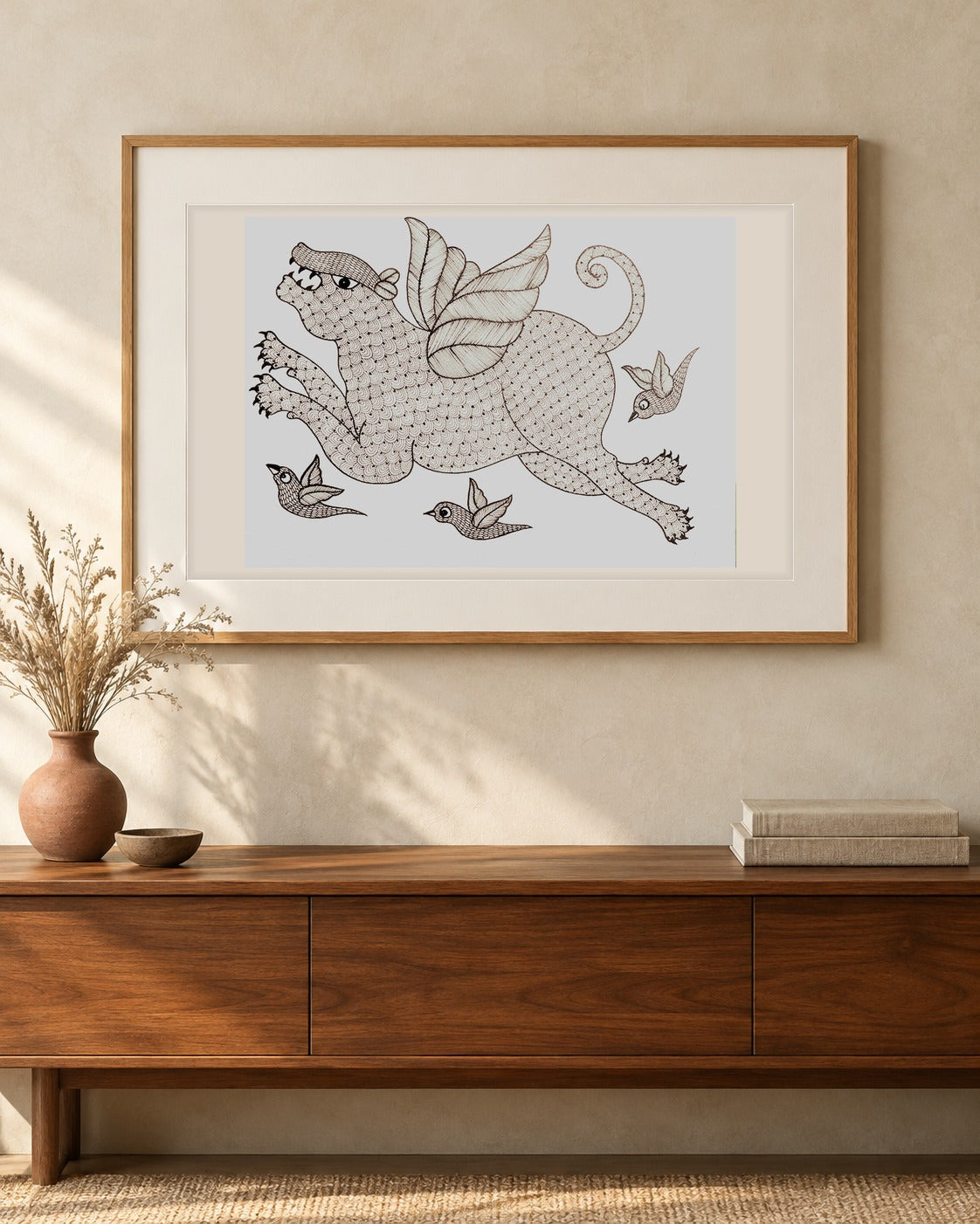 Original Gond painting shown framed on a wall