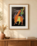 Original Gond painting shown framed on a wall