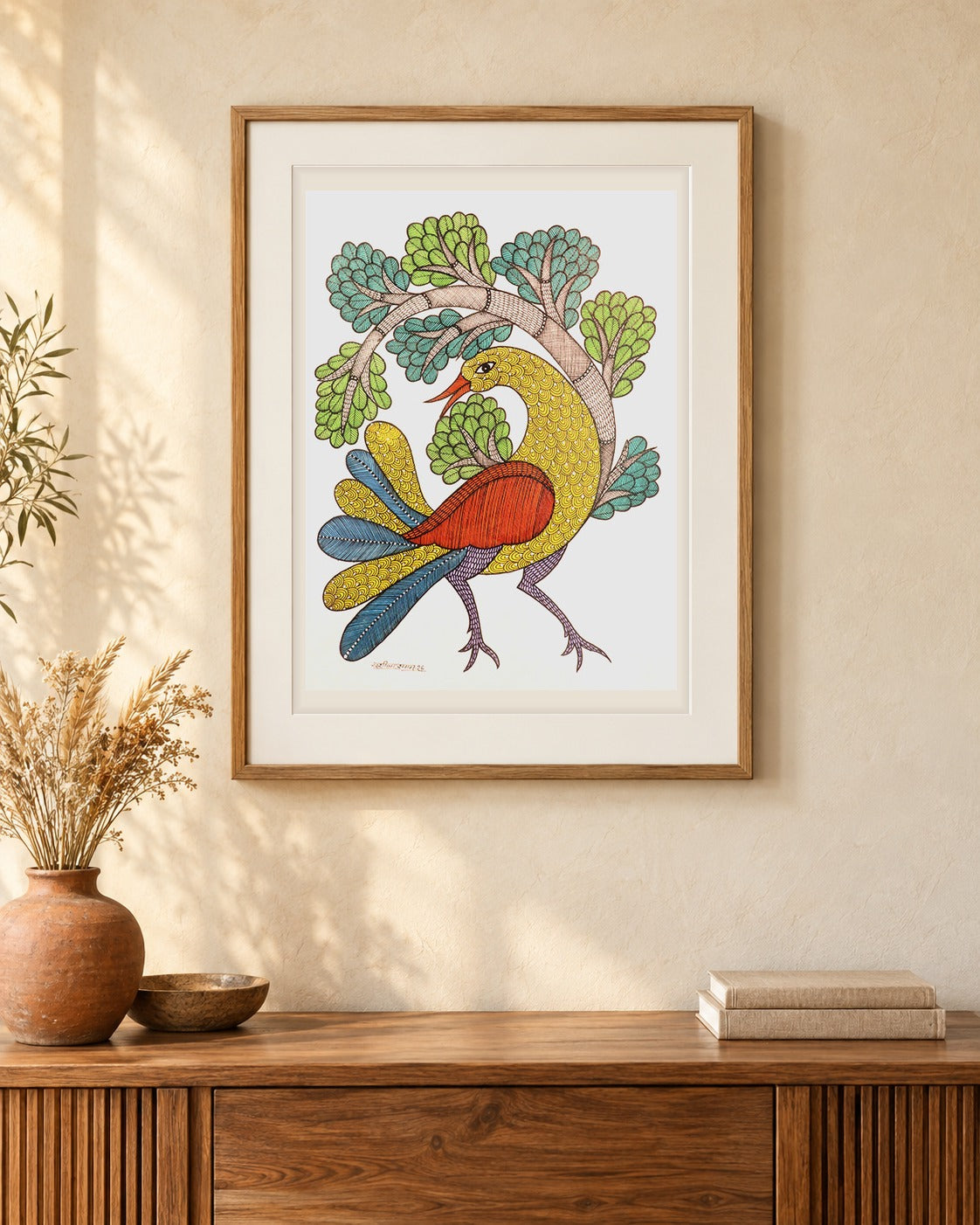 Original Gond painting shown framed on a wall