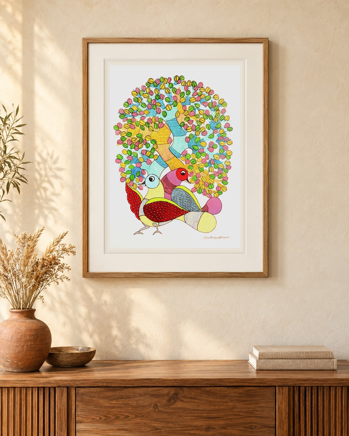 Original Gond painting shown framed on a wall