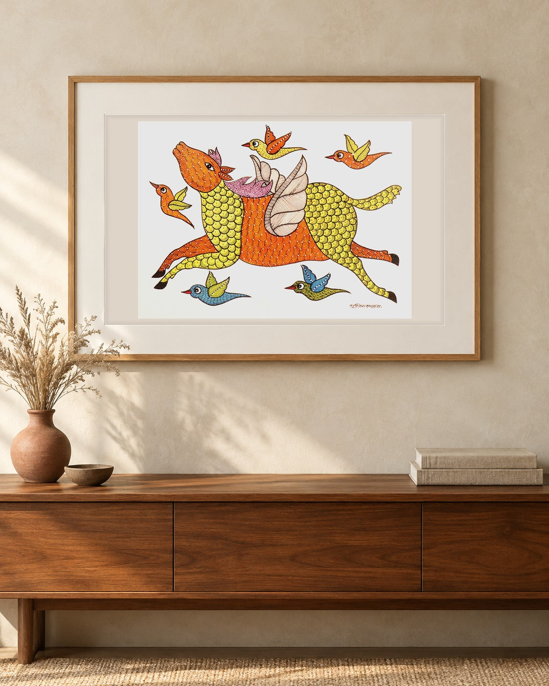 Original Gond painting shown framed on a wall