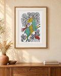 Original Gond painting shown framed on a wall