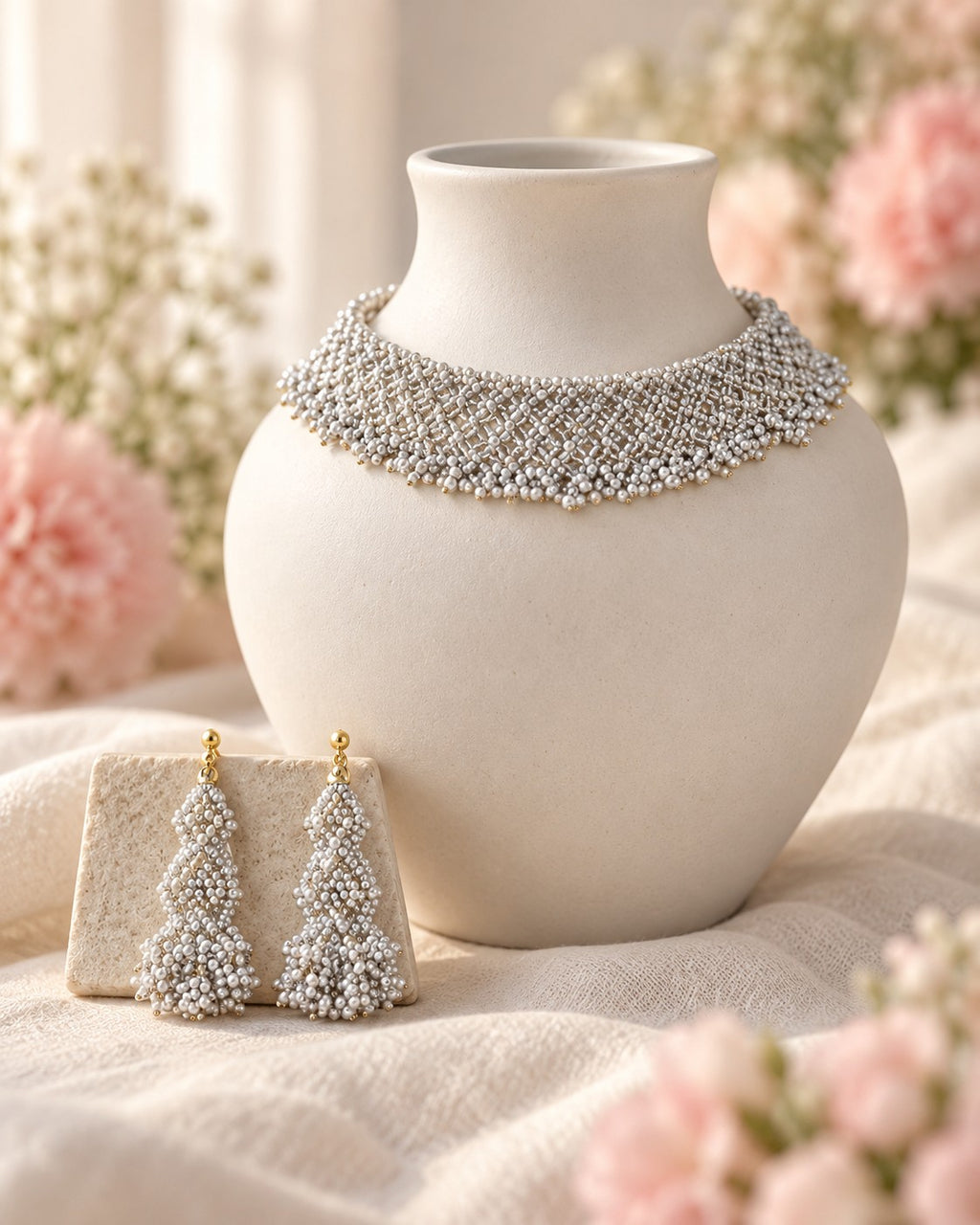 Styled image: Dhuan Jali Beaded Choker Necklace Set with Earrings on a white vase