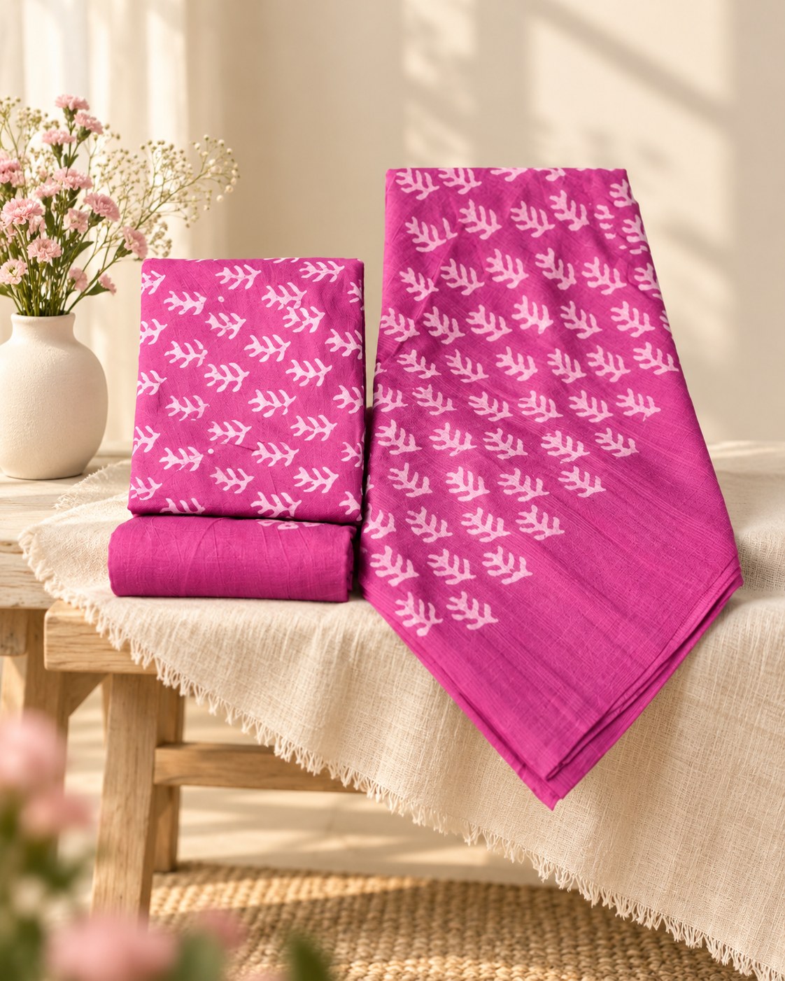 Styled photograph of the unstitched dress material set