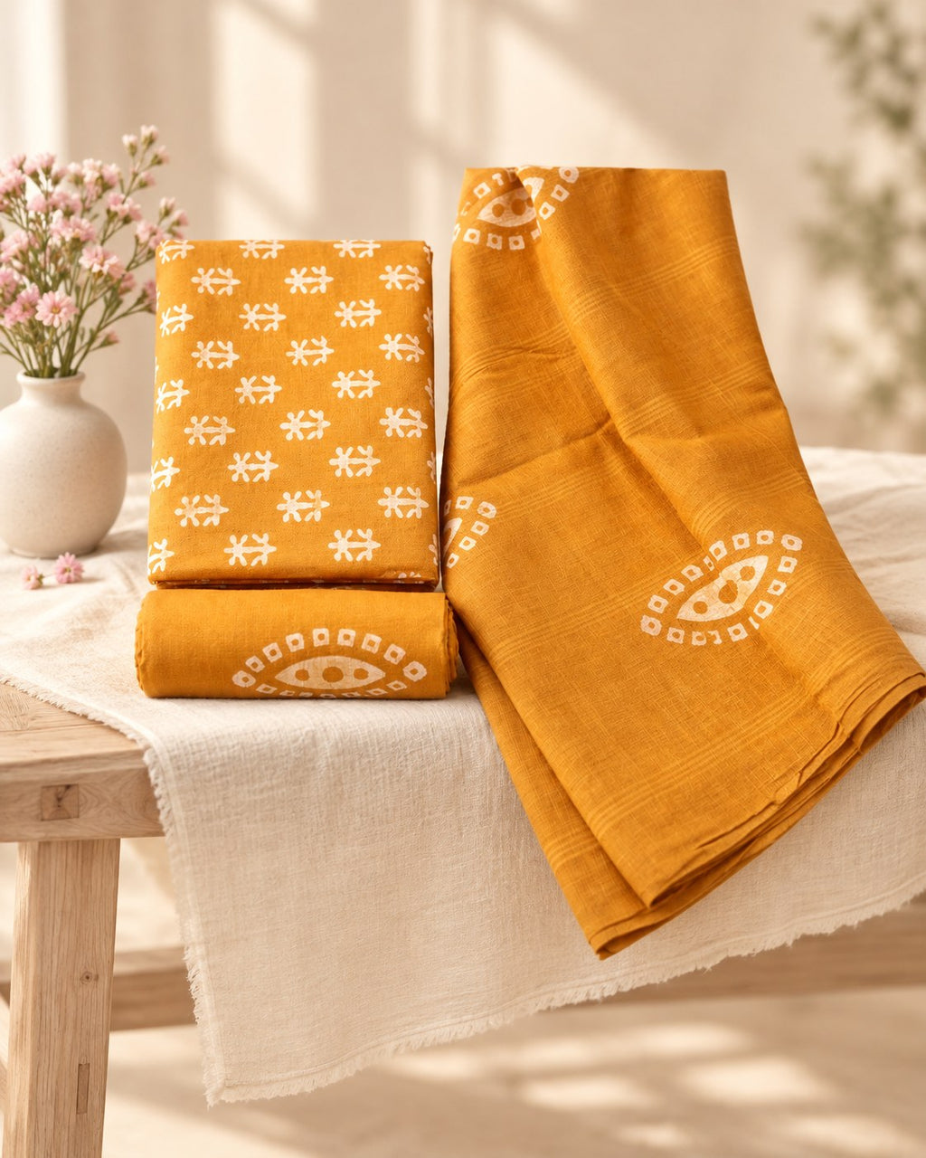 Styled photograph of the unstitched dress material set
