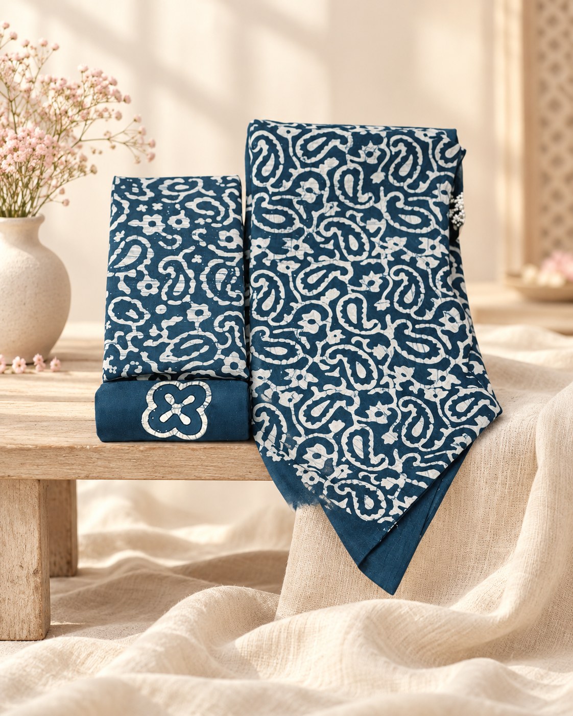 Styled photograph of the unstitched dress material set