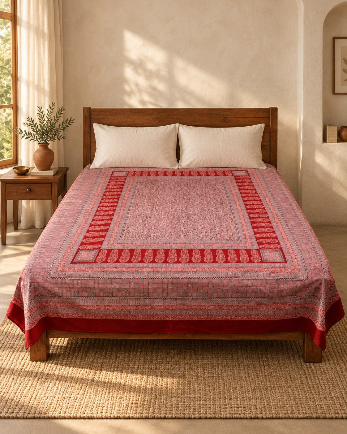 Hand block printed bedsheet styled in a bedroom