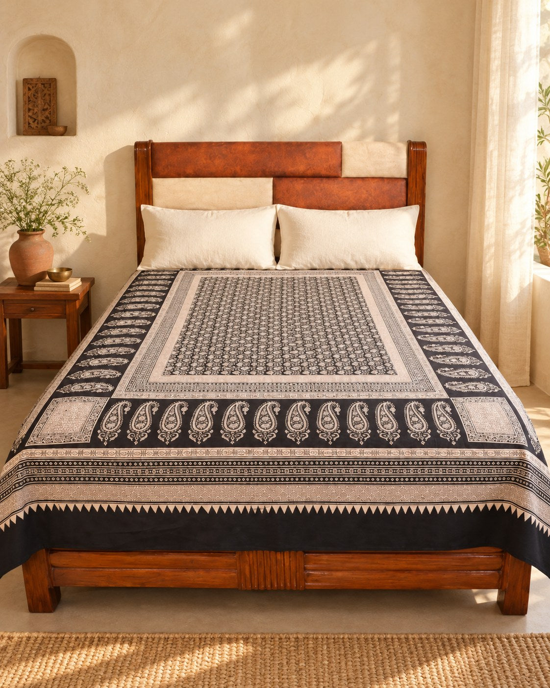 Hand block printed bedsheet styled in a bedroom