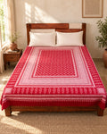Hand block printed bedsheet styled in a bedroom