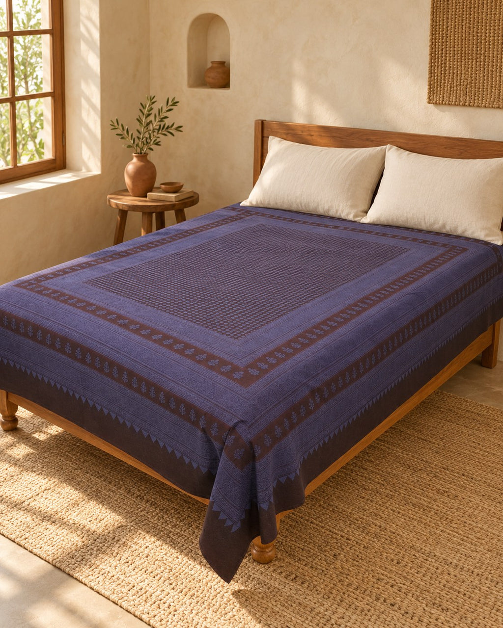 Hand block printed bedsheet styled in a bedroom