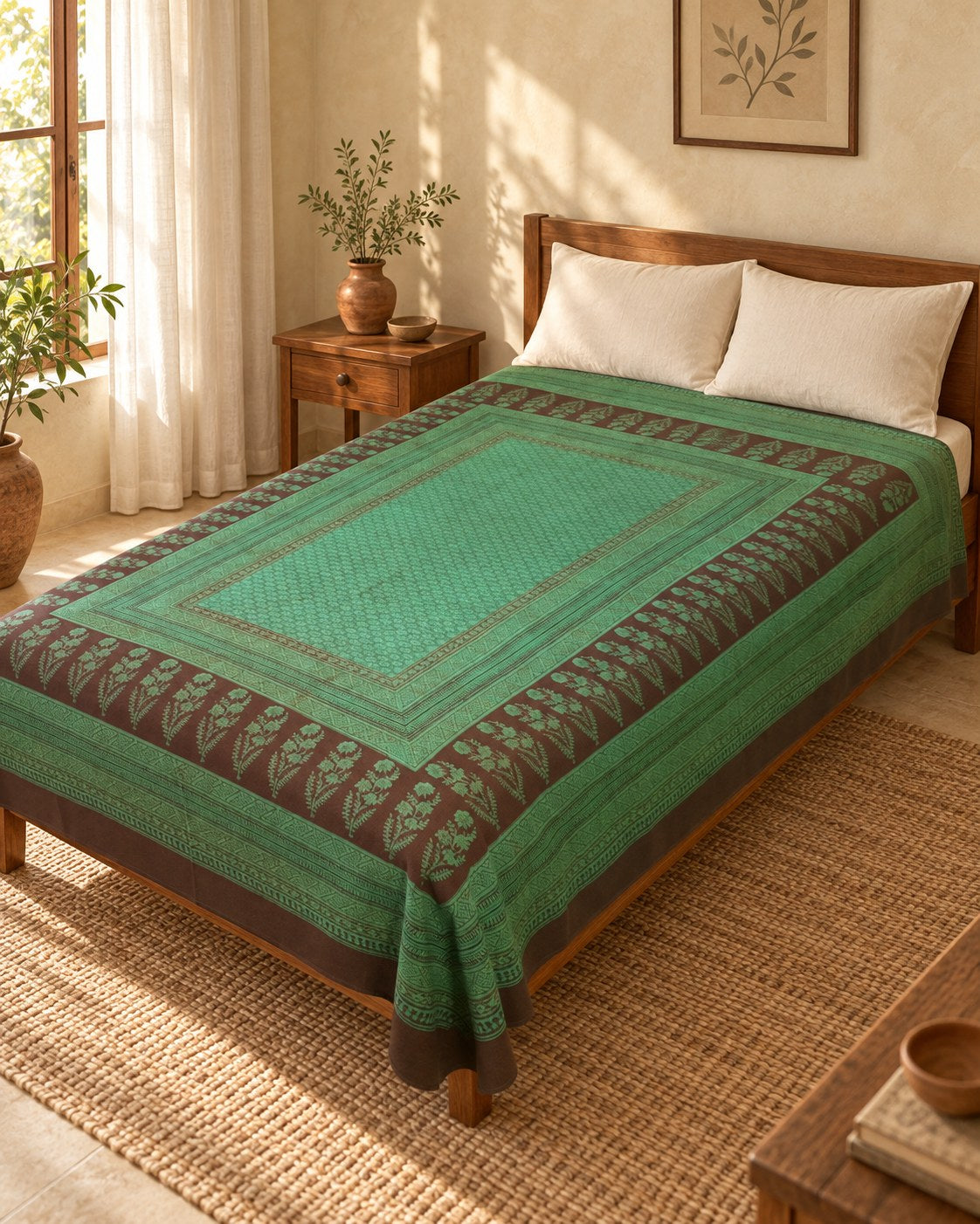 Hand block printed bedsheet styled in a bedroom