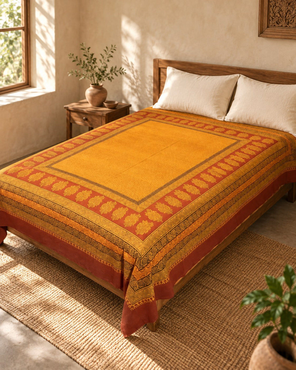 Hand block printed bedsheet styled in a bedroom