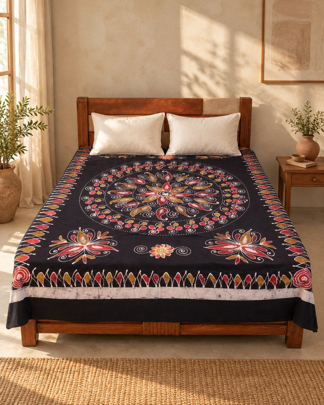 Hand block printed bedsheet styled in a bedroom