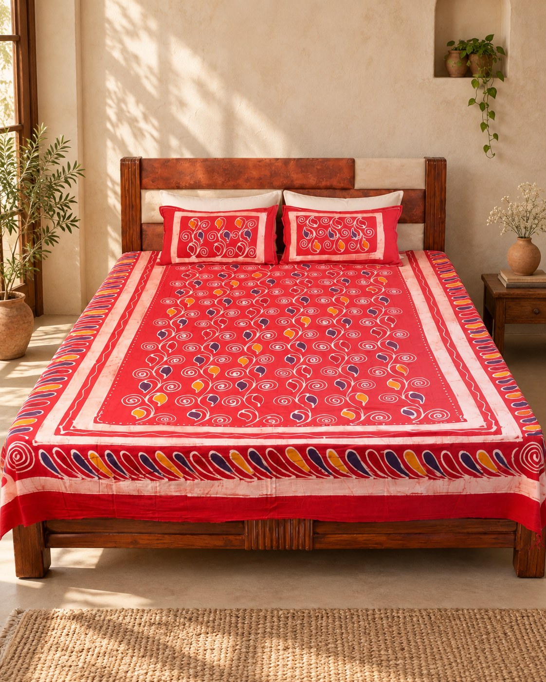 Hand block printed bedsheet styled in a bedroom