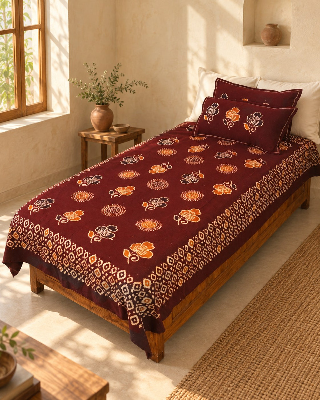 Hand block printed bedsheet styled in a bedroom