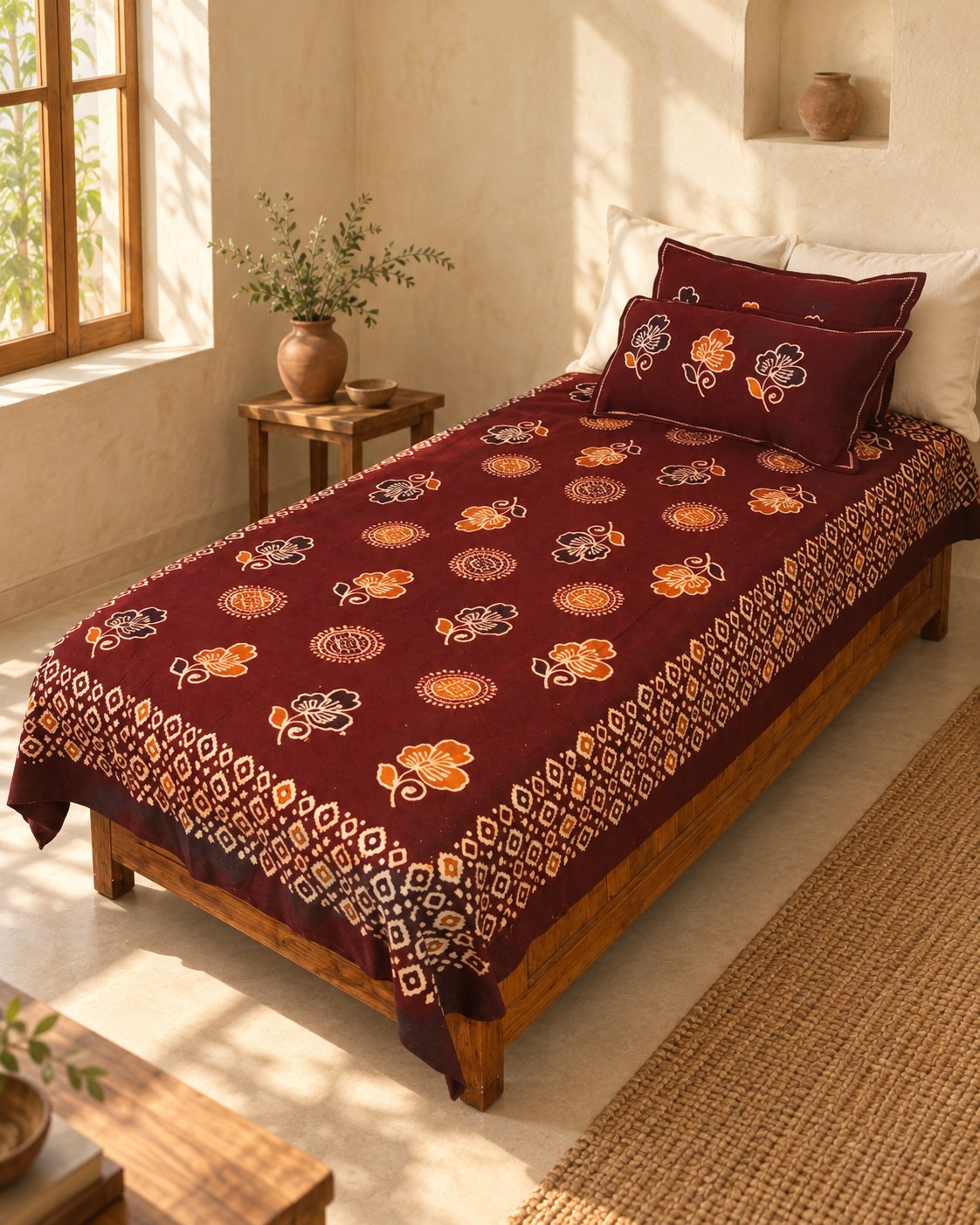 Hand block printed bedsheet styled in a bedroom