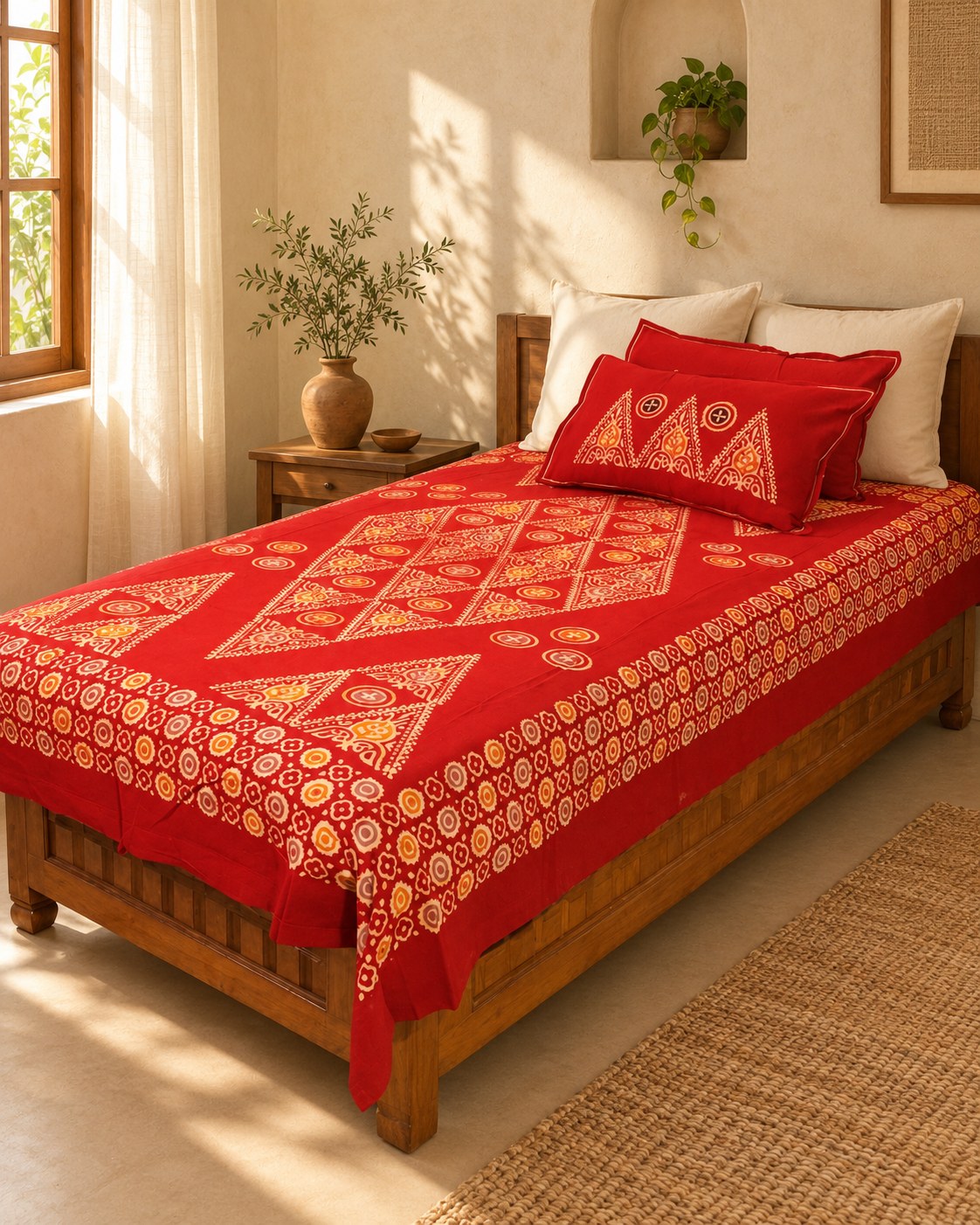 Hand block printed bedsheet styled in a bedroom