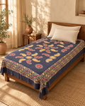 Hand block printed bedsheet styled in a bedroom
