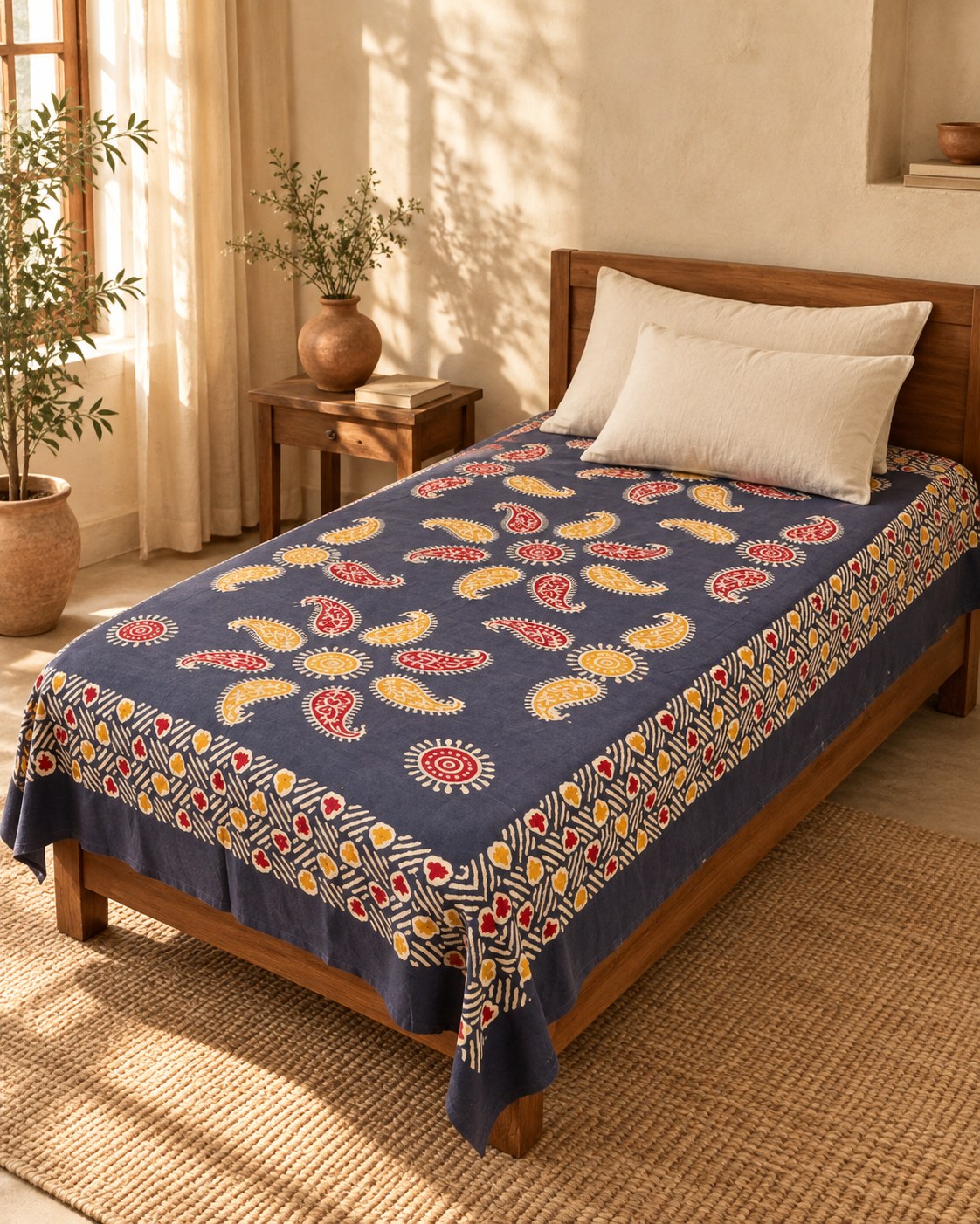 Hand block printed bedsheet styled in a bedroom