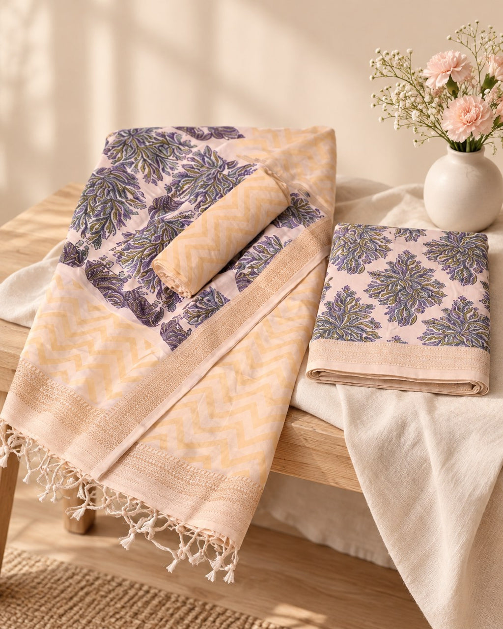 Styled photograph of the unstitched dress material set