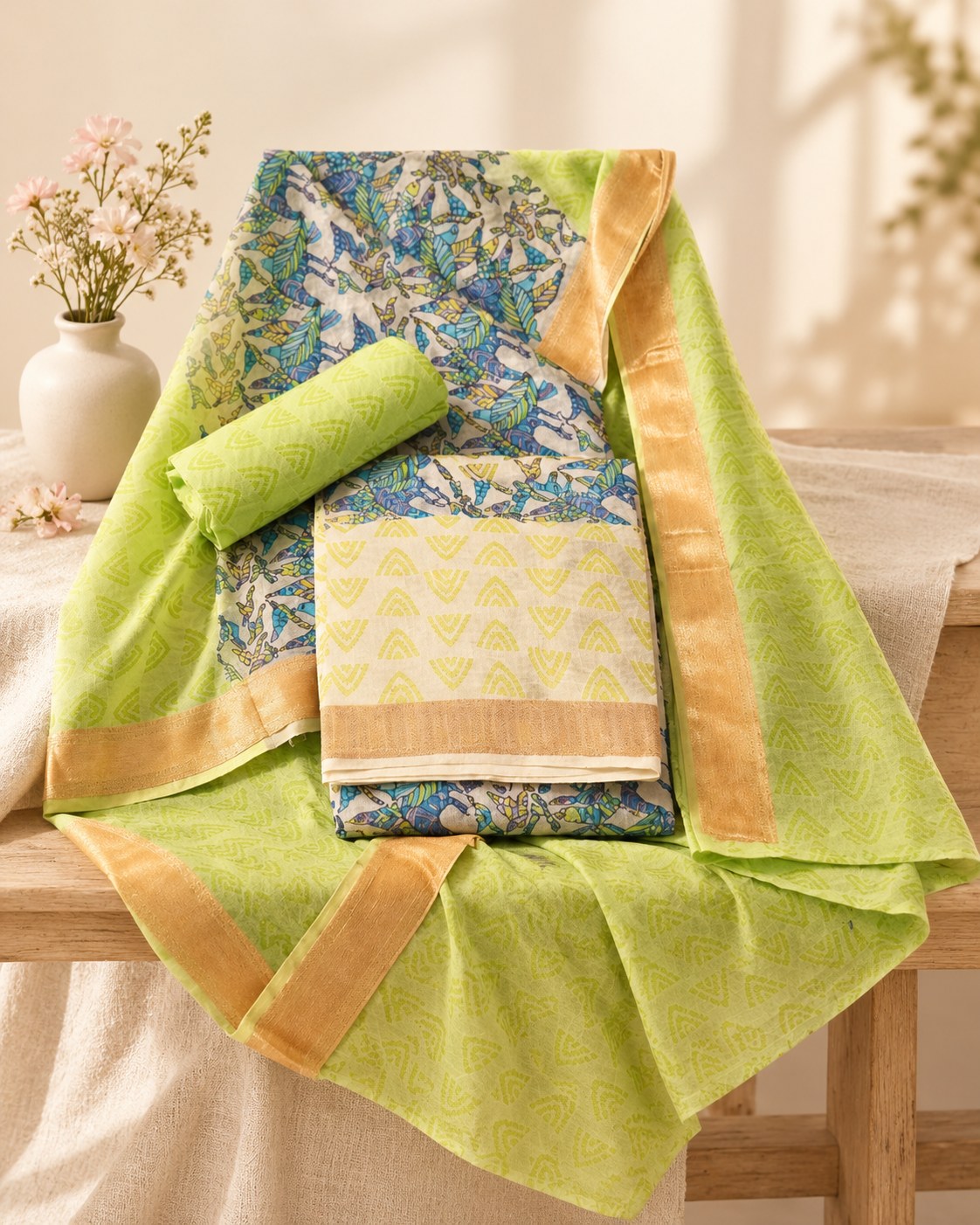 Styled photograph of the unstitched dress material set