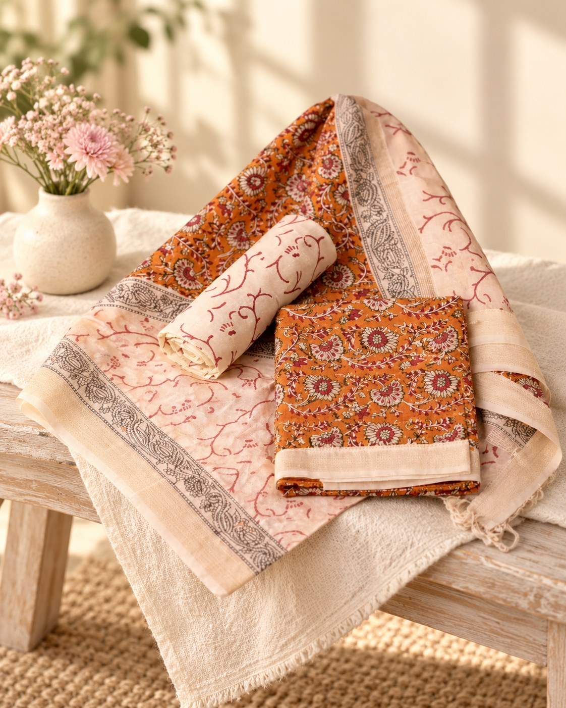Styled photograph of the unstitched dress material set