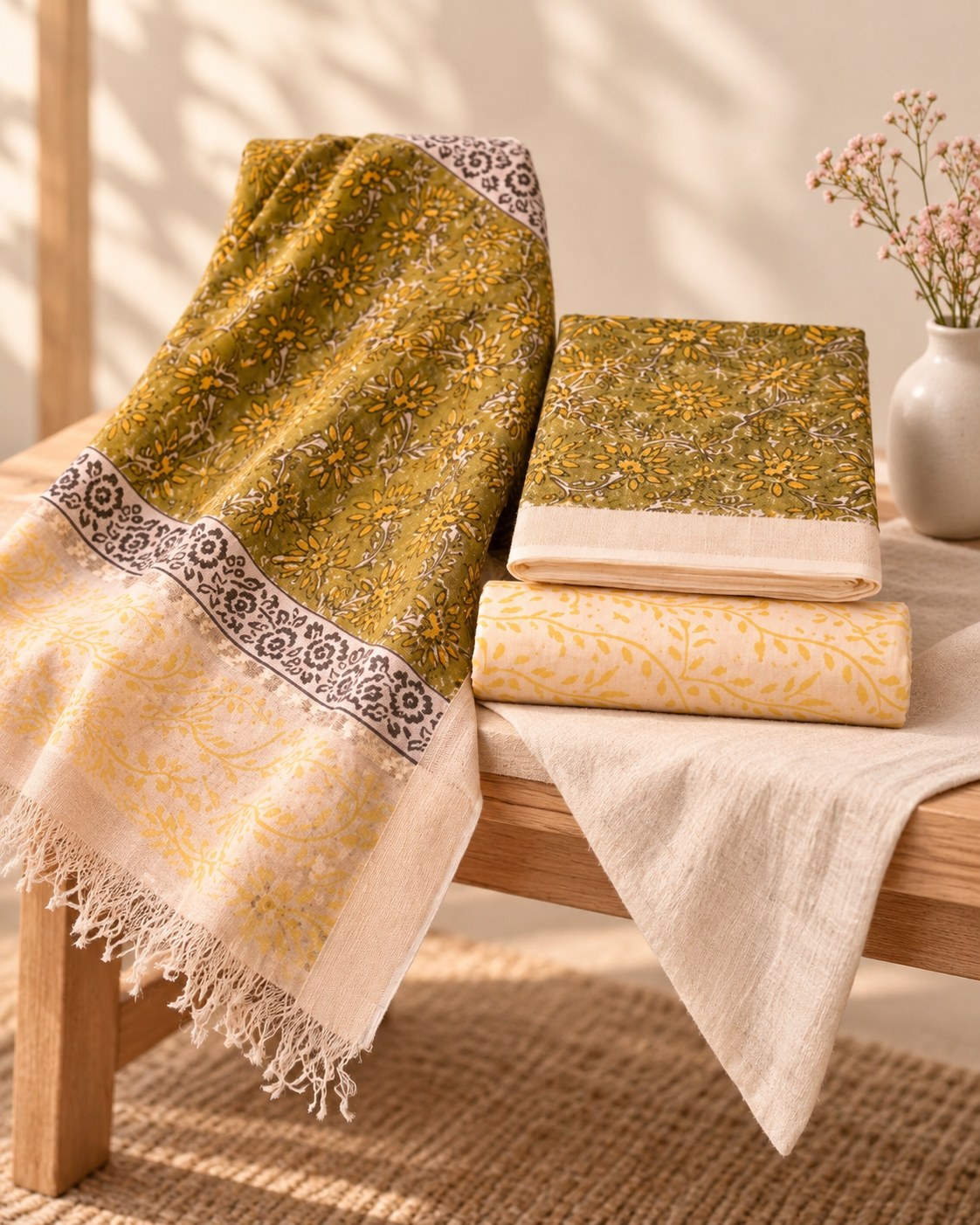 Styled photograph of the unstitched dress material set