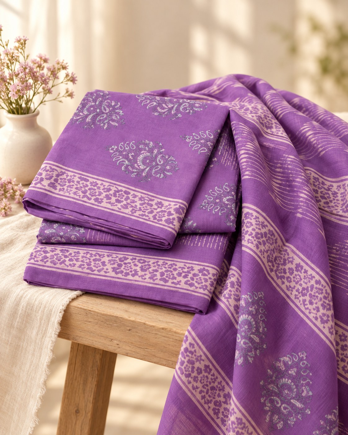 Styled photograph of the unstitched dress material set
