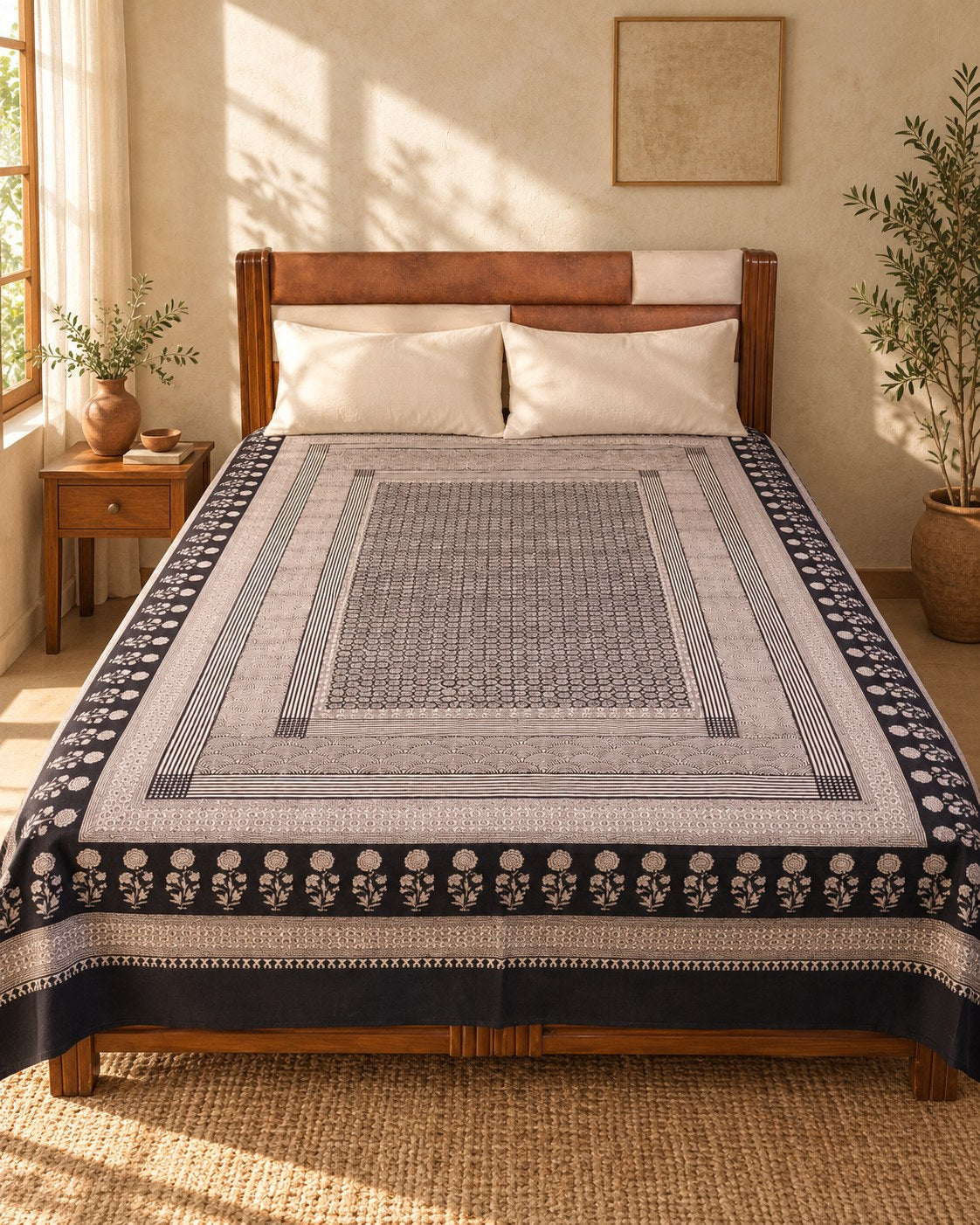 Hand block printed bedsheet styled in a bedroom