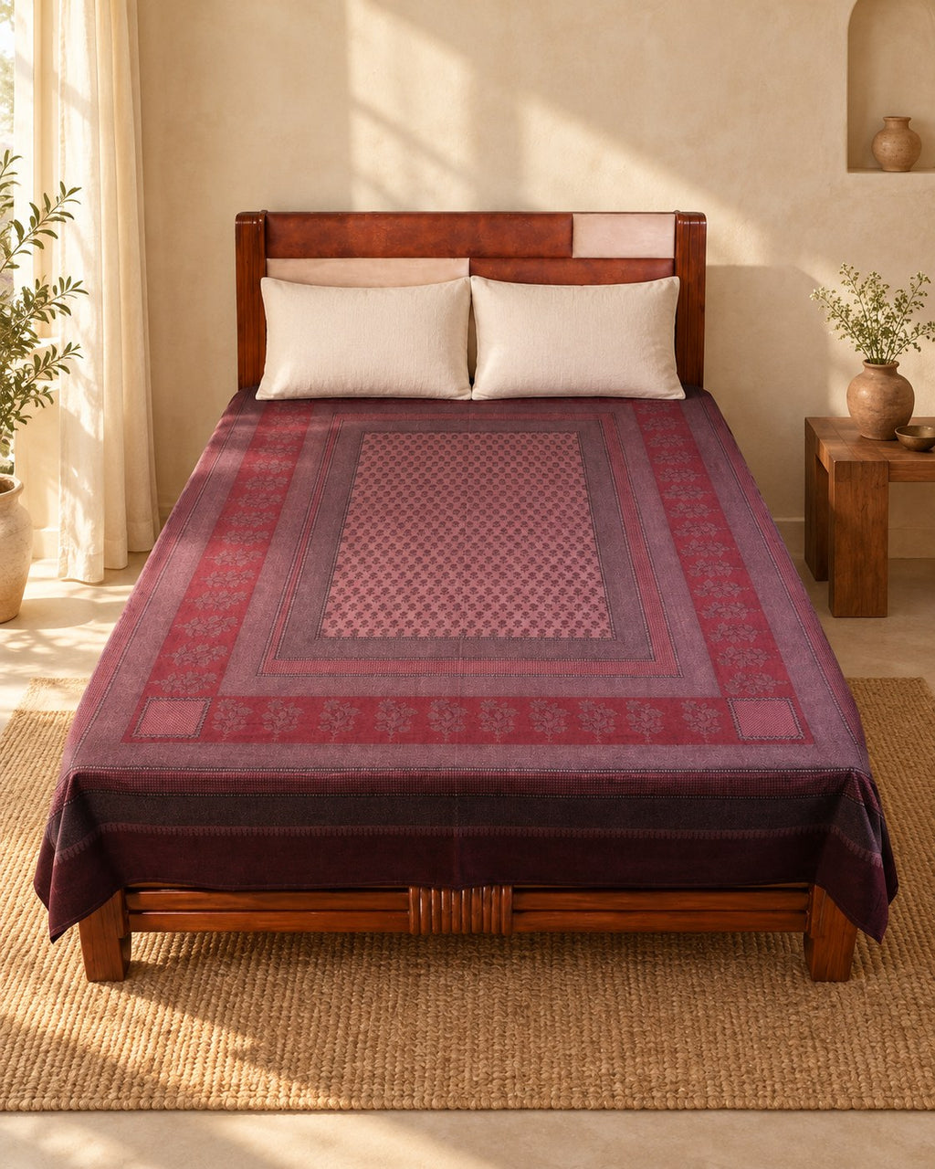 Hand block printed bedsheet styled in a bedroom
