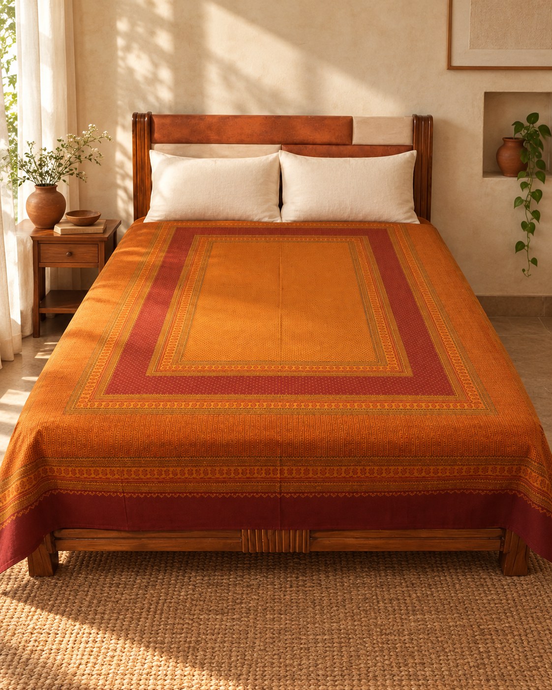 Hand block printed bedsheet styled in a bedroom