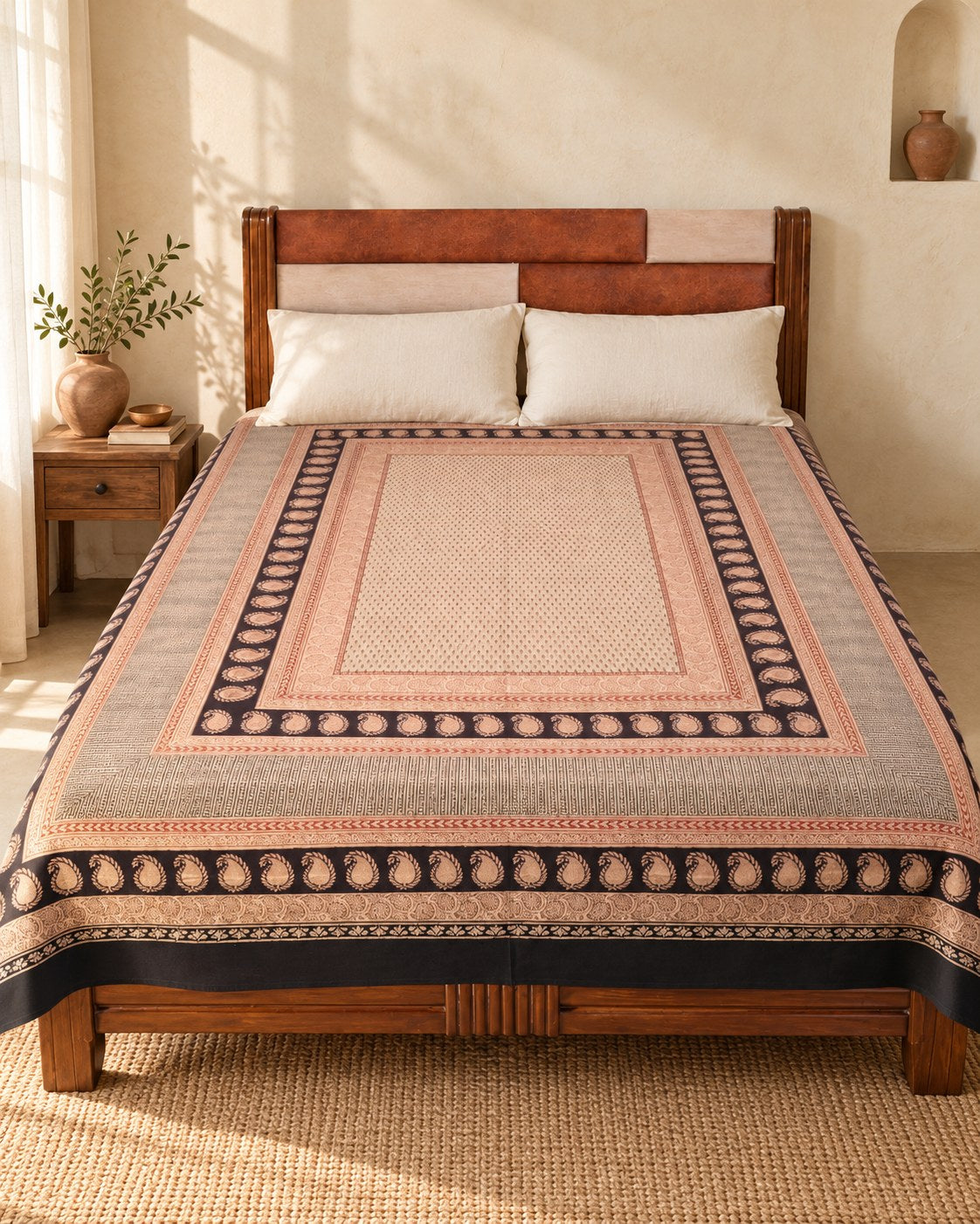 Hand block printed bedsheet styled in a bedroom