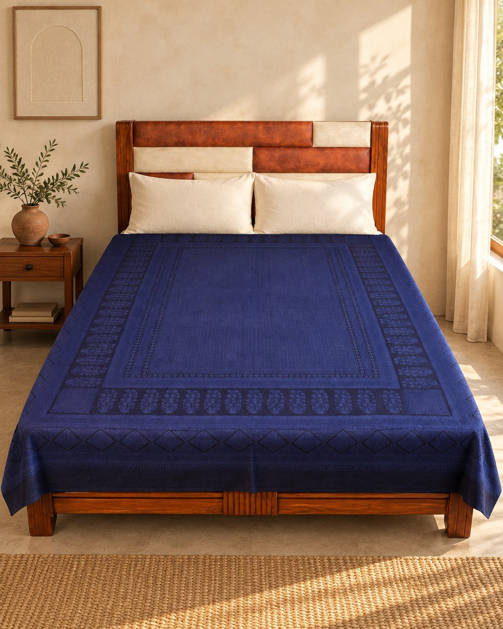 Hand block printed bedsheet styled in a bedroom
