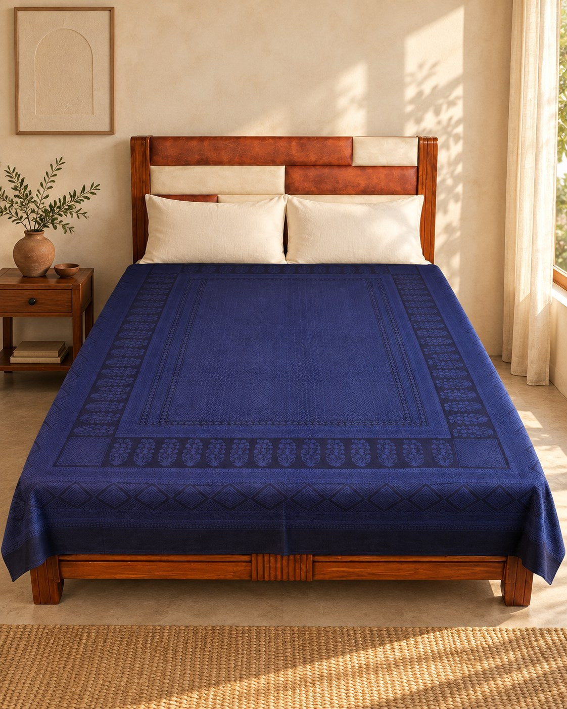 Hand block printed bedsheet styled in a bedroom