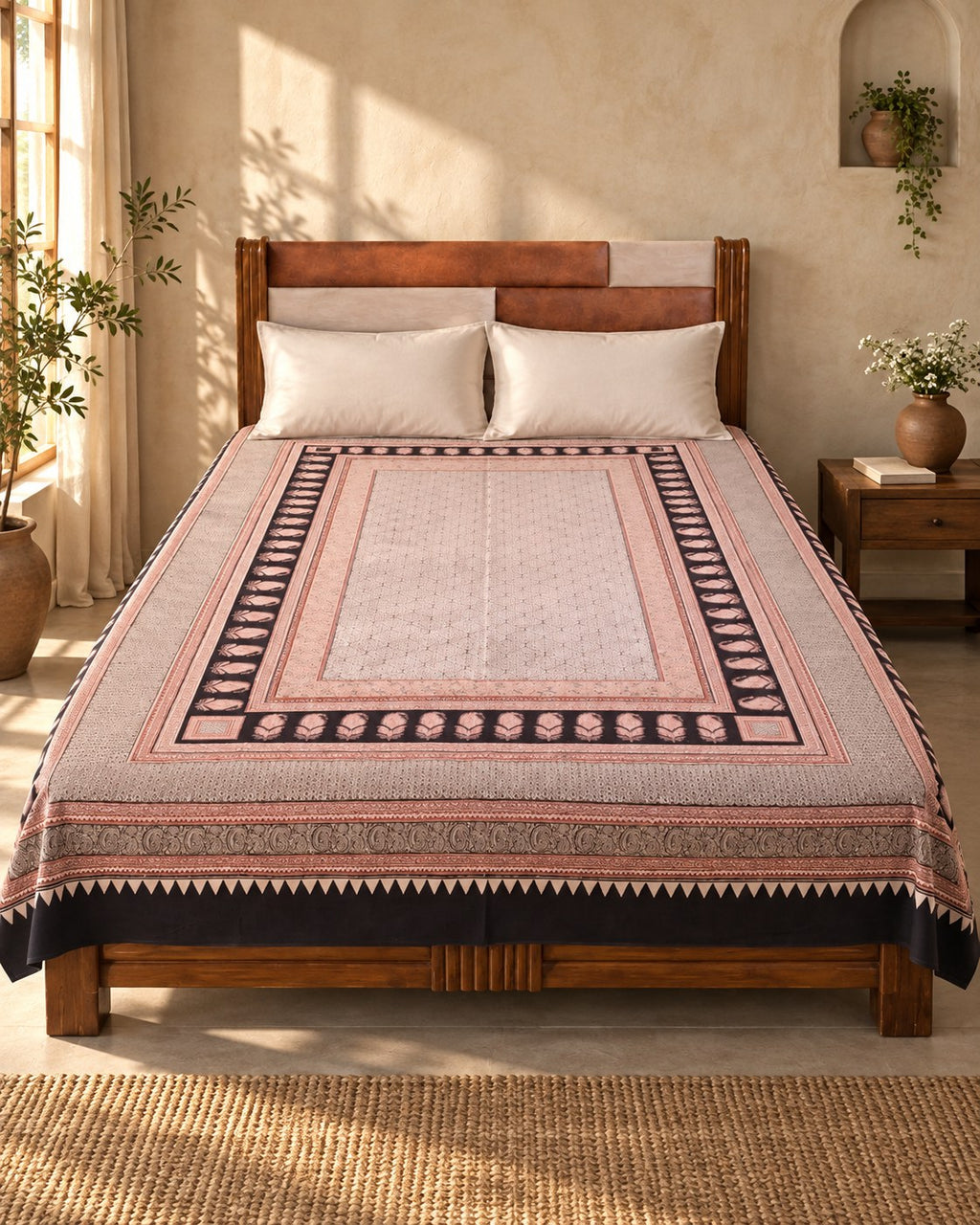 Hand block printed bedsheet styled in a bedroom