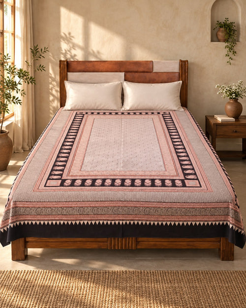 Hand block printed bedsheet styled in a bedroom