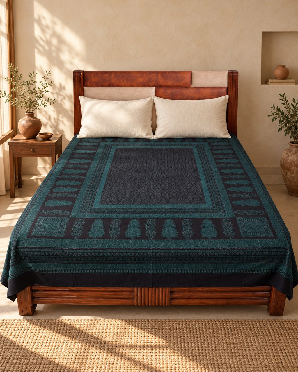 Hand block printed bedsheet styled in a bedroom