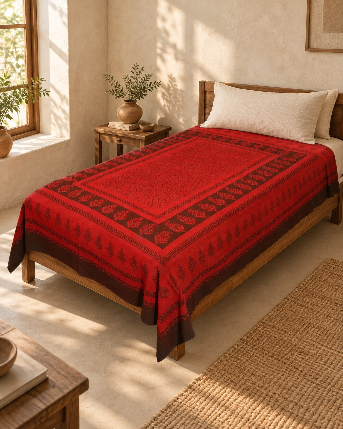 Hand block printed bedsheet styled in a bedroom