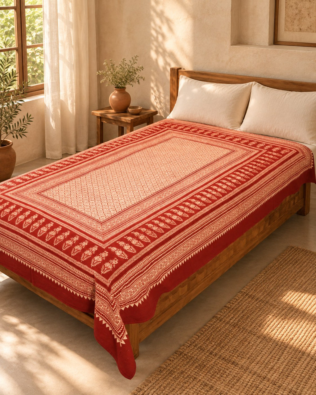 Hand block printed bedsheet styled in a bedroom