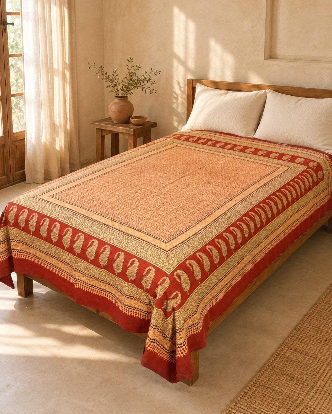 Hand block printed bedsheet styled in a bedroom