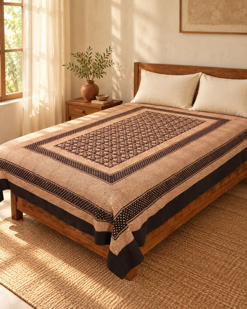 Hand block printed bedsheet styled in a bedroom